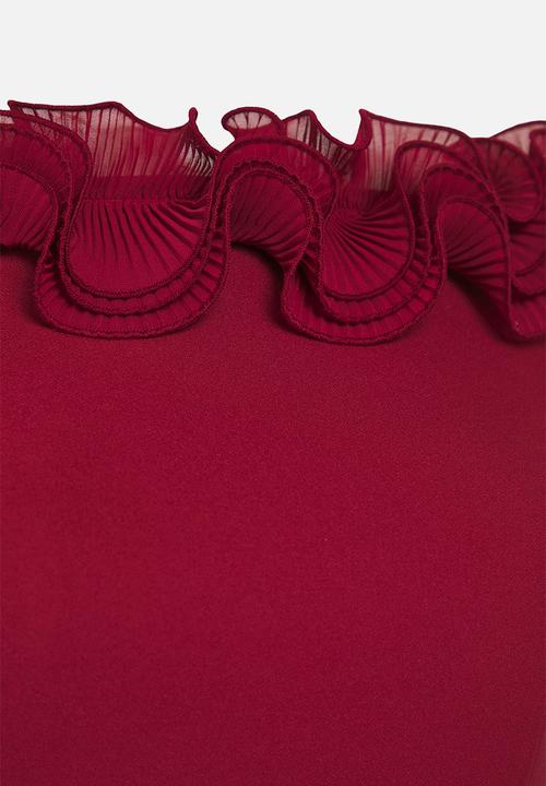 Trendyol - Plus Madonna Collar Frilly Slit Woven Large Size Dress - Burgundy