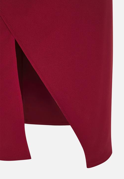 Trendyol - Plus Madonna Collar Frilly Slit Woven Large Size Dress - Burgundy