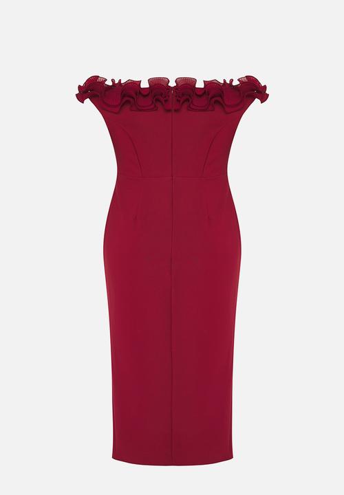 Trendyol - Plus Madonna Collar Frilly Slit Woven Large Size Dress - Burgundy
