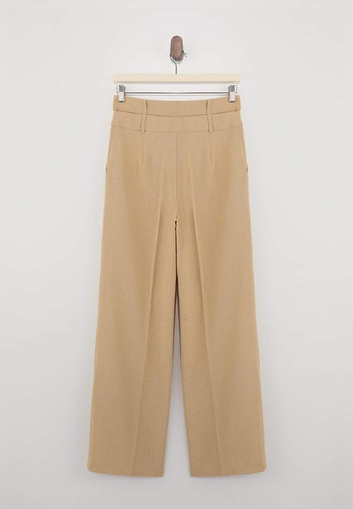 Trendyol - Double Belt Wide Leg Pants - Beige