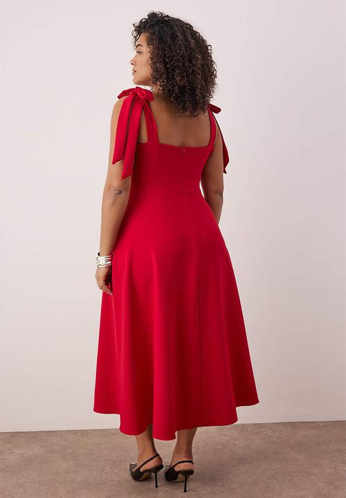 Trendyol - Plus A-Line Suspender Tie Detail Midi Woven Graduation Dress - Red