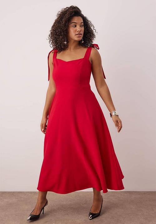 Trendyol - Plus A-Line Suspender Tie Detail Midi Woven Graduation Dress - Red