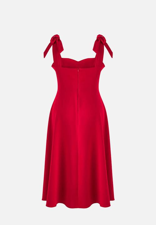 Trendyol - Plus A-Line Suspender Tie Detail Midi Woven Graduation Dress - Red