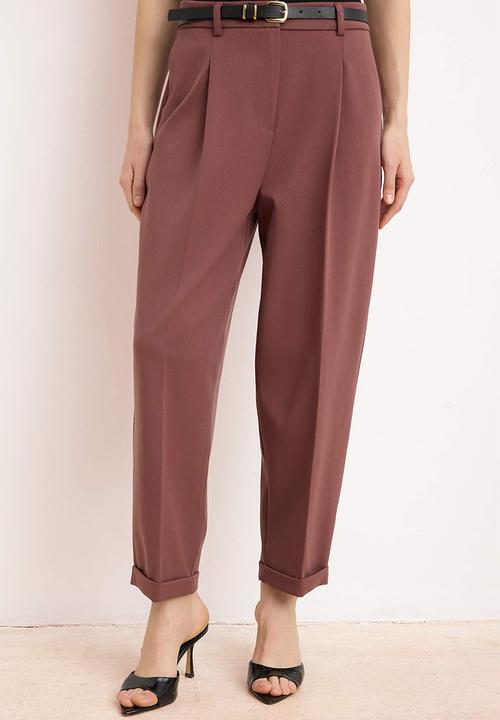Trendyol - Belted Carrot Fit Trousers - Bordo