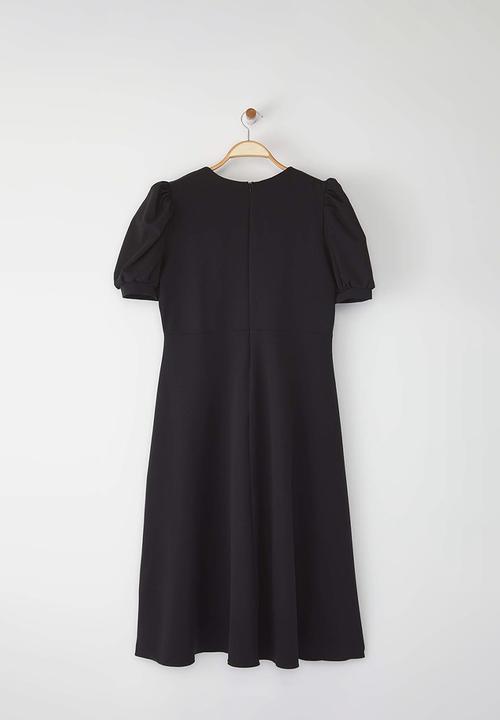 Trendyol - Plus V-Neck Balloon Sleeve Pearl Button Stylish Woven Dress - Black