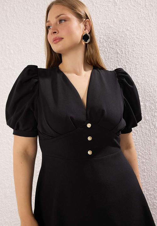 Trendyol - Plus V-Neck Balloon Sleeve Pearl Button Stylish Woven Dress - Black