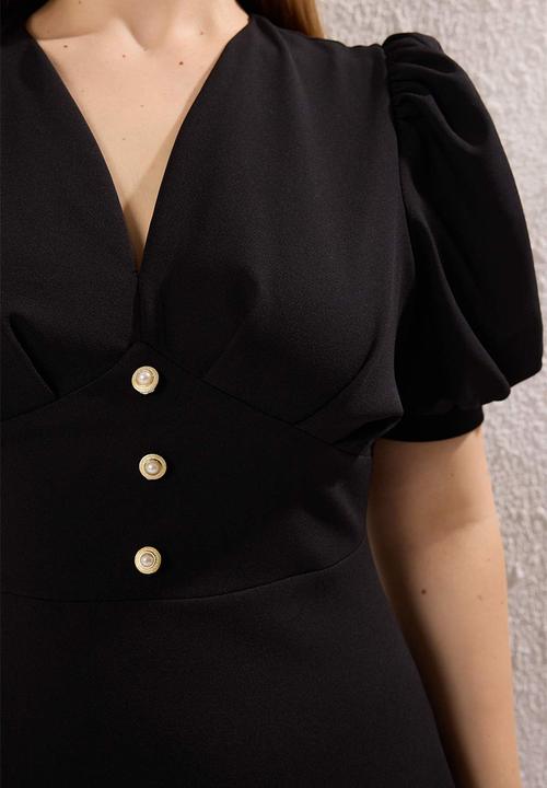 Trendyol - Plus V-Neck Balloon Sleeve Pearl Button Stylish Woven Dress - Black