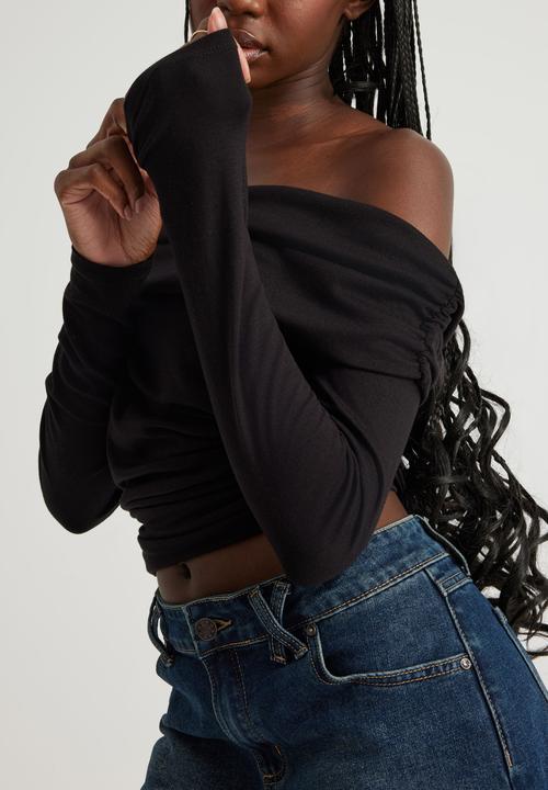 Factorie - Off Shoulder Long Sleeve Top - Washed Black