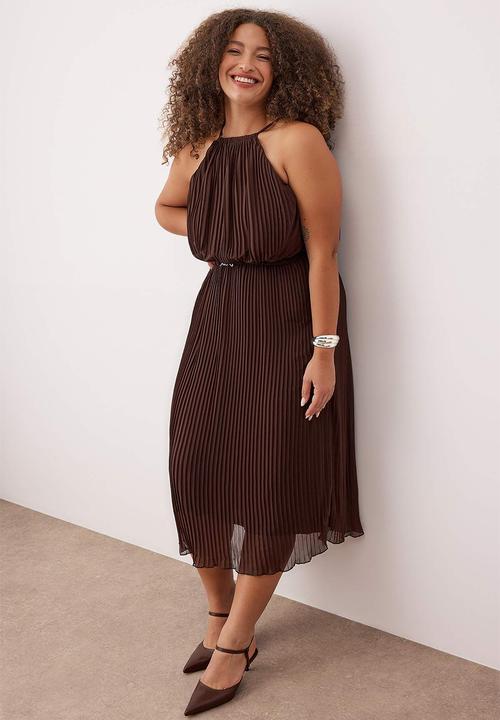 Trendyol - Plus Bodycon Maxi Length Chiffon Woven Dress - Brown