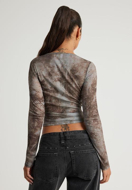 Factorie - Fitted Long Sleeve Top - Grey Brown Tie Dye