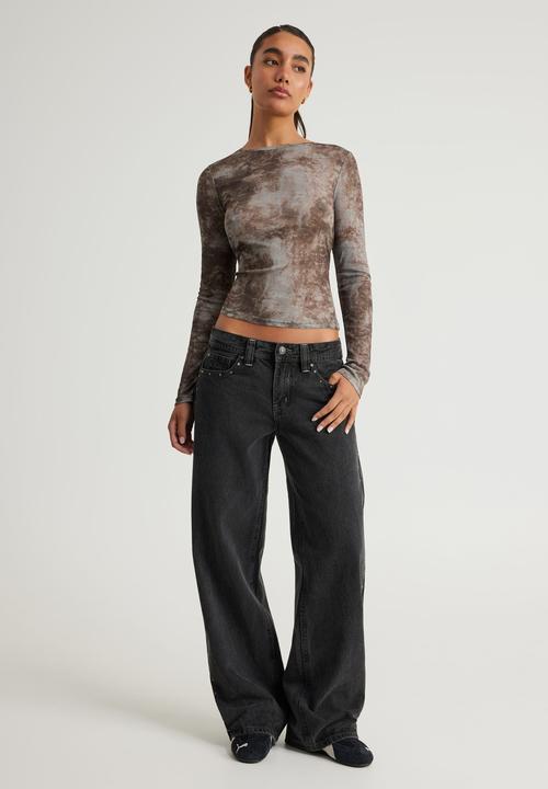 Factorie - Fitted Long Sleeve Top - Grey Brown Tie Dye