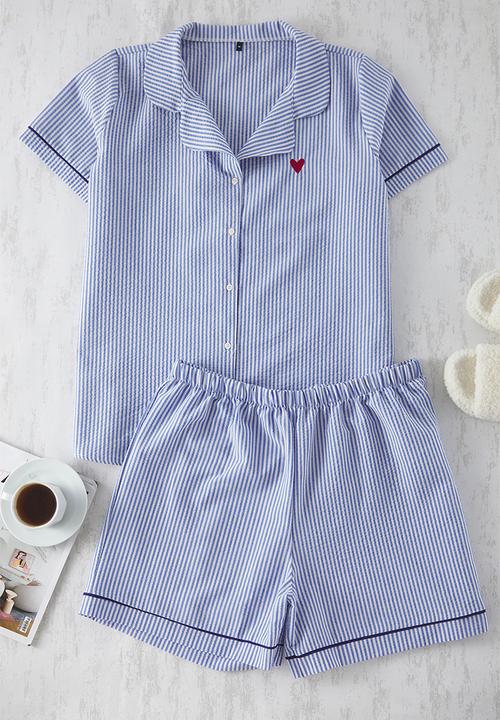 Trendyol - Plus Heart Embroidery Striped Pajamas Set - Navy Blue