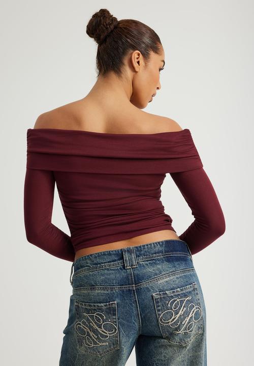 Factorie - Off Shoulder Long Sleeve Top - Merlot