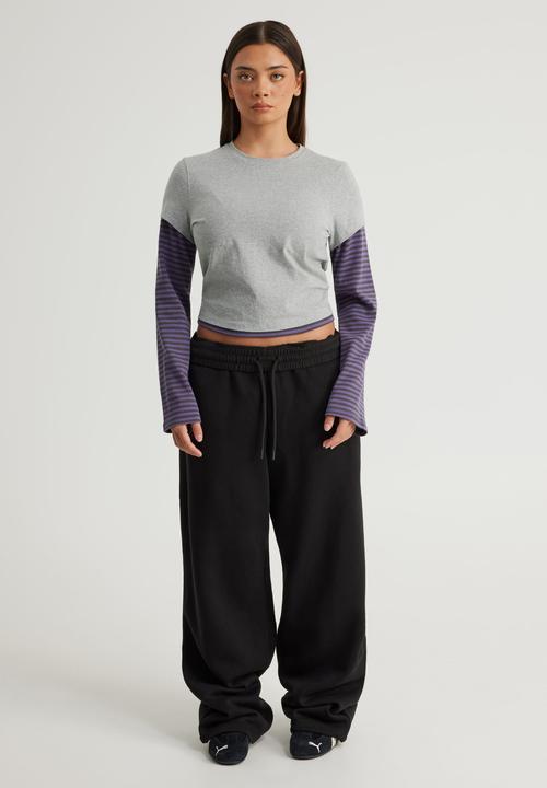 Factorie - Layered Long Sleeve Top - Grey Marle/Jasmine Blue Stone Stripe