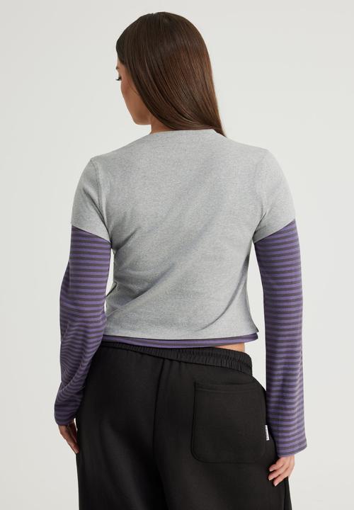 Factorie - Layered Long Sleeve Top - Grey Marle/Jasmine Blue Stone Stripe