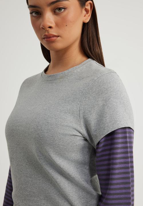 Factorie - Layered Long Sleeve Top - Grey Marle/Jasmine Blue Stone Stripe