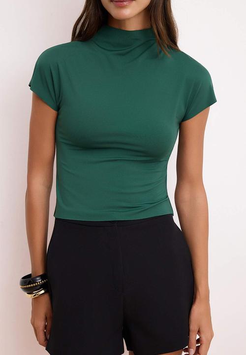 Trendyol - Stand Collar Short Sleeve Knitted T-Shirt - Emerald Green