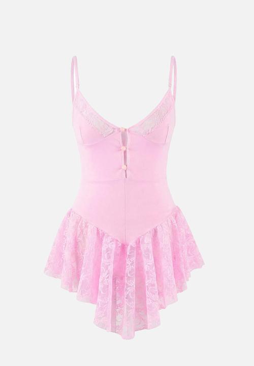 Trendyol - Lace buttoned strapless panty babydoll - pink