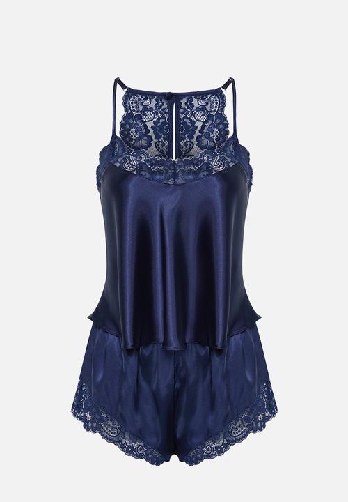 Trendyol - Satin lace shorts pajamas set - navy blue