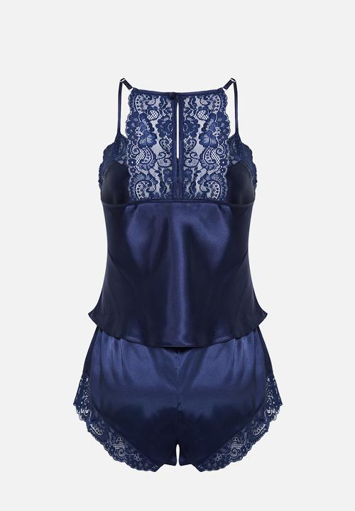 Trendyol - Satin lace shorts pajamas set - navy blue