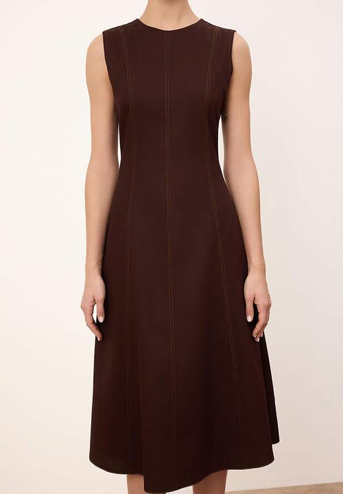 Trendyol - Wardrobe Essential Plain Contrast Stitching Detailed Midi Woven Dress - Brown