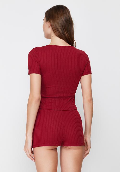 Trendyol - Button detailed corded knitted pajama set - burgundy