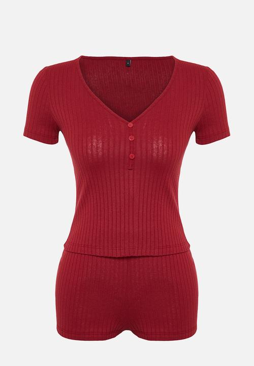 Trendyol - Button detailed corded knitted pajama set - burgundy