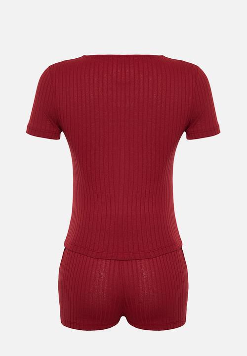 Trendyol - Button detailed corded knitted pajama set - burgundy