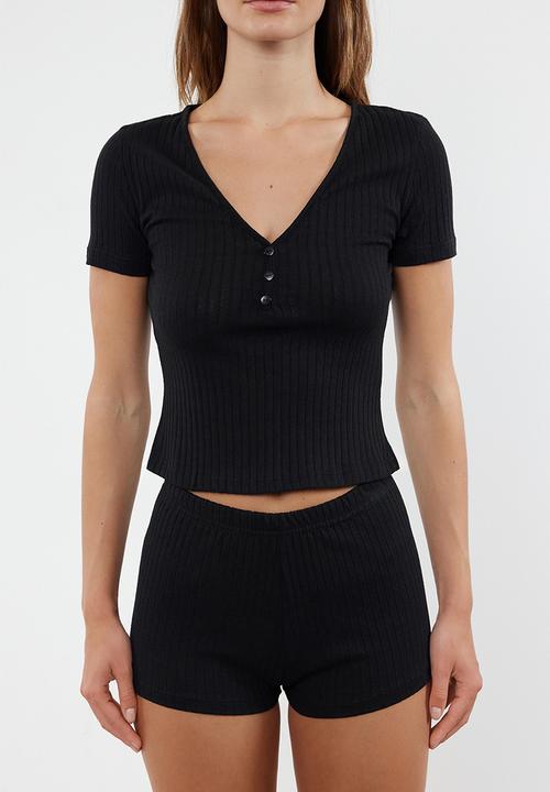 Trendyol - Button detailed ribbed knitted pajama set - black