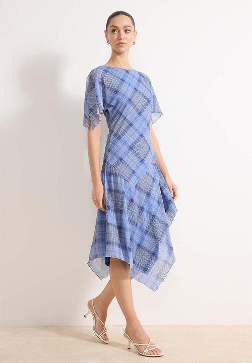 Trendyol - Plaid Angel Sleeve Flounced Midi Foam Knitted Dress - Blue
