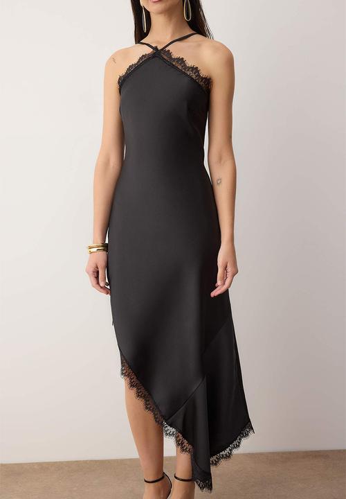 Trendyol - Lace Detailed Woven Satin Midi Unlined Evening Dress - Black
