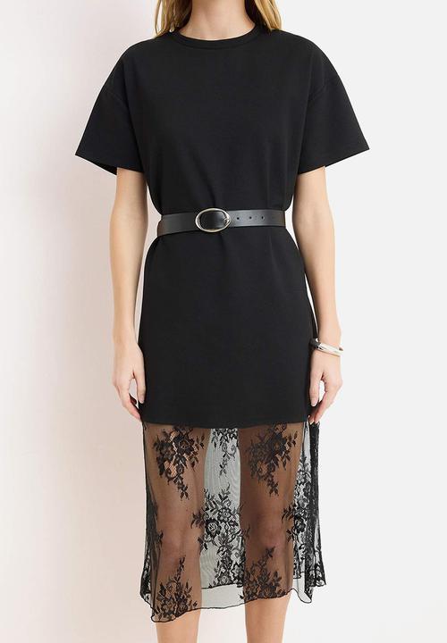 Trendyol - Shift Low Sleeve Lace Detailed Midi Interlock Knitted Dress - Black