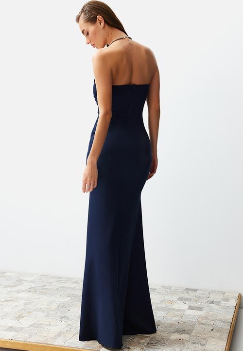 Trendyol - Collar Detailed Woven Long   Dress - Navy Blue