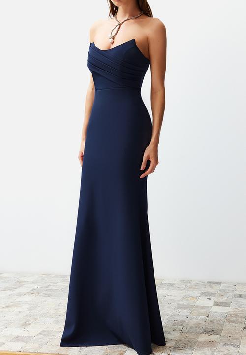 Trendyol - Collar Detailed Woven Long   Dress - Navy Blue