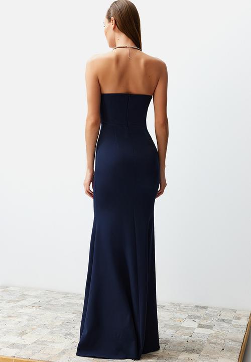 Trendyol - Collar Detailed Woven Long   Dress - Navy Blue