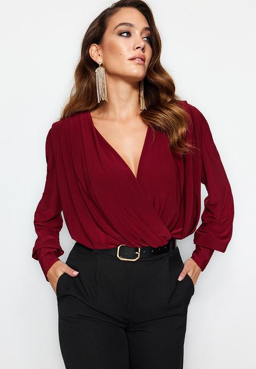 Trendyol - Wrap Knitted Bodysuit - Dark Burgundy