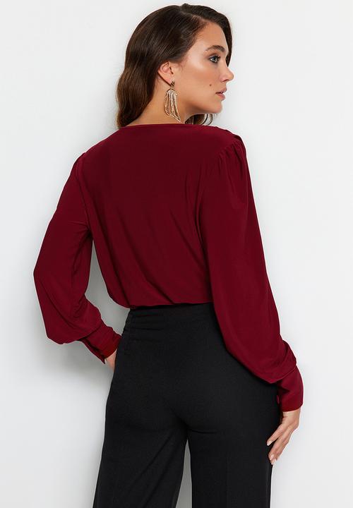 Trendyol - Wrap Knitted Bodysuit - Dark Burgundy