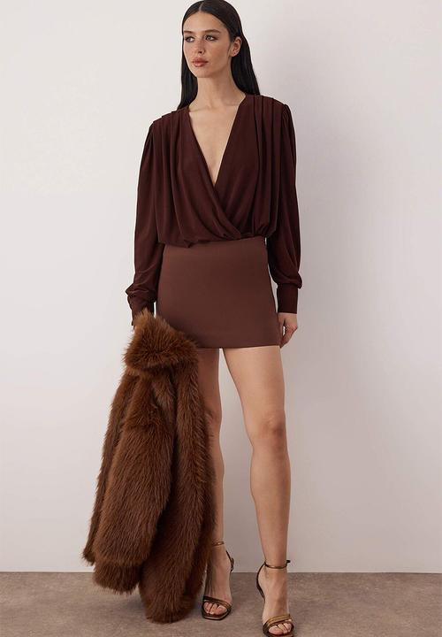 Trendyol - Plain V-Neck Long Padded Bodysuit - Dark Brown