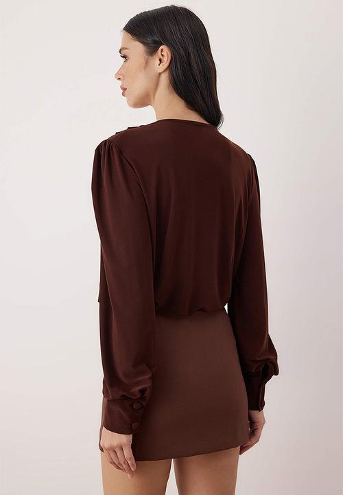 Trendyol - Plain V-Neck Long Padded Bodysuit - Dark Brown