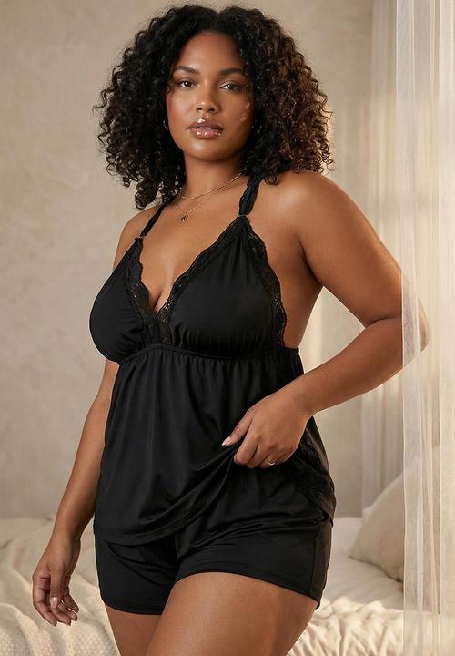 Trendyol - Plus V-Neck Lace Knitted Pajamas Set - Blackk