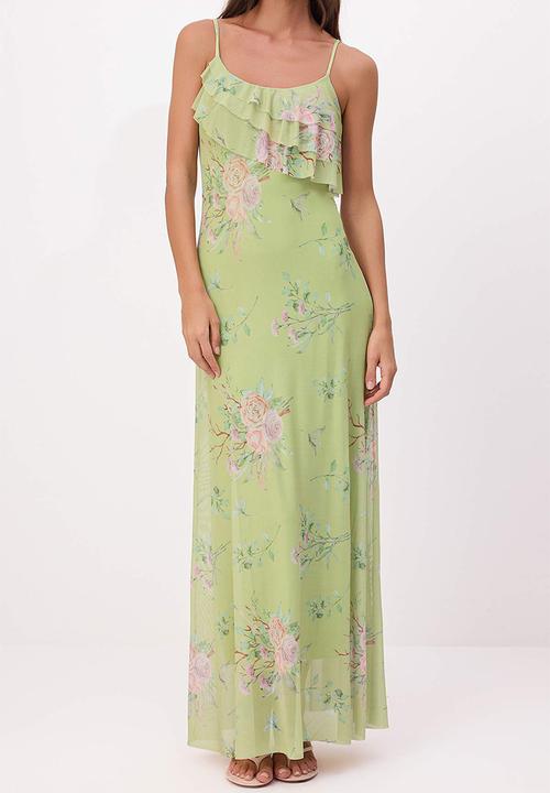 Trendyol - Floral A-Line Maxi Knitted Dress - Green