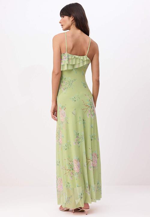 Trendyol - Floral A-Line Maxi Knitted Dress - Green