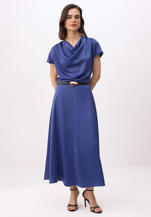 Trendyol - Belted Midi Woven Dress - Petrol