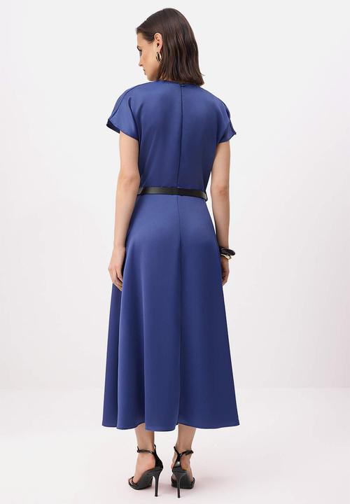 Trendyol - Belted Midi Woven Dress - Petrol