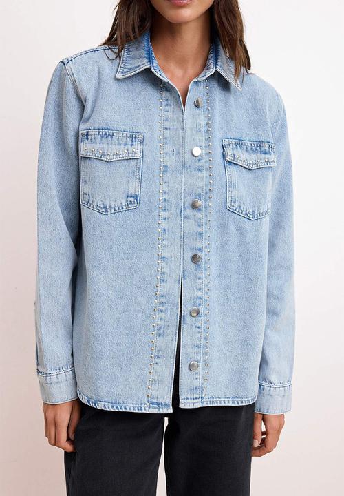 Trendyol - Oversized Denim Shirt Jacket with Trok Detail - Light Blue