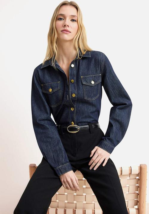 Trendyol - Button Detail Basic Cotton Denim Shirt - Dark Blue