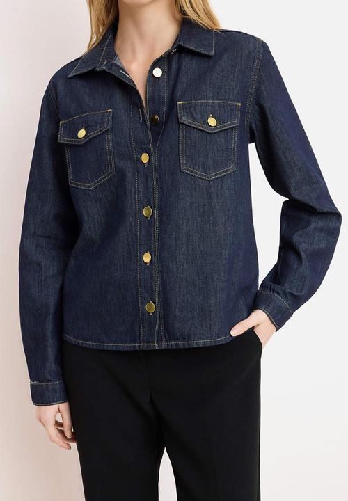 Trendyol - Button Detail Basic Cotton Denim Shirt - Dark Blue