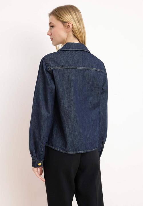 Trendyol - Button Detail Basic Cotton Denim Shirt - Dark Blue
