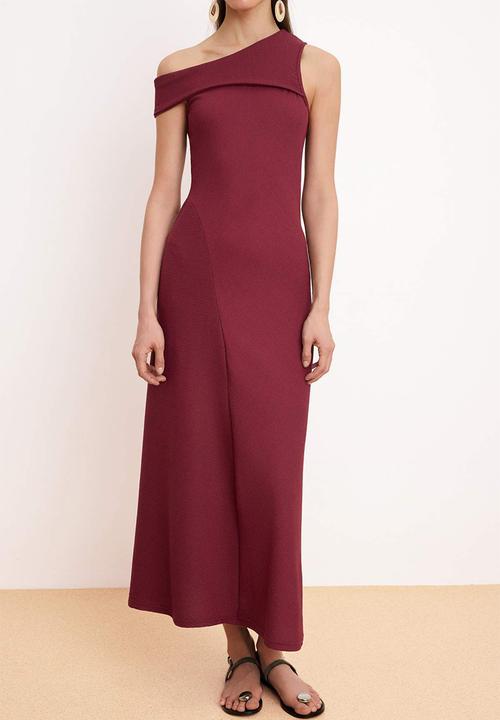 Trendyol - Striped A-Line Asymmetrical Textured Knitted Dress - Burgundy