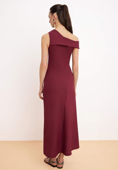 Trendyol - Striped A-Line Asymmetrical Textured Knitted Dress - Burgundy